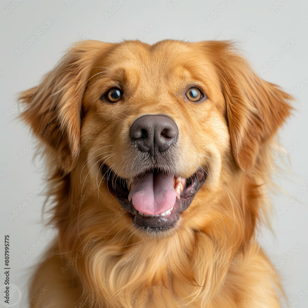 Joyful golden retriever dog looking and smiling. Cute pet with friendly demeanor and wagging tail. AI generative technology.