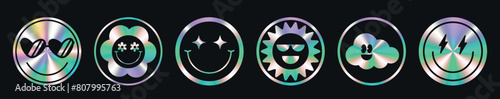 Set of color holographic sticker templates, label with holographic effect. Shiny rainbow emblems with a round shape. Retro style, groovy, 90s, 70s, 60s. Sun, smile, face. Vector illustration EPS10