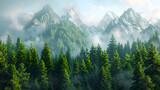 Scenic Forest Icon Intertwined with Majestic Mountain Peaks: A Pictorial Representation of the Vital Link Between Forestry and Water Management for a Sustainable Ecosystem - Photo Stock Concept