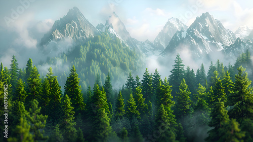 Scenic Forest Icon Intertwined with Majestic Mountain Peaks: A Pictorial Representation of the Vital Link Between Forestry and Water Management for a Sustainable Ecosystem - Photo Stock Concept photo