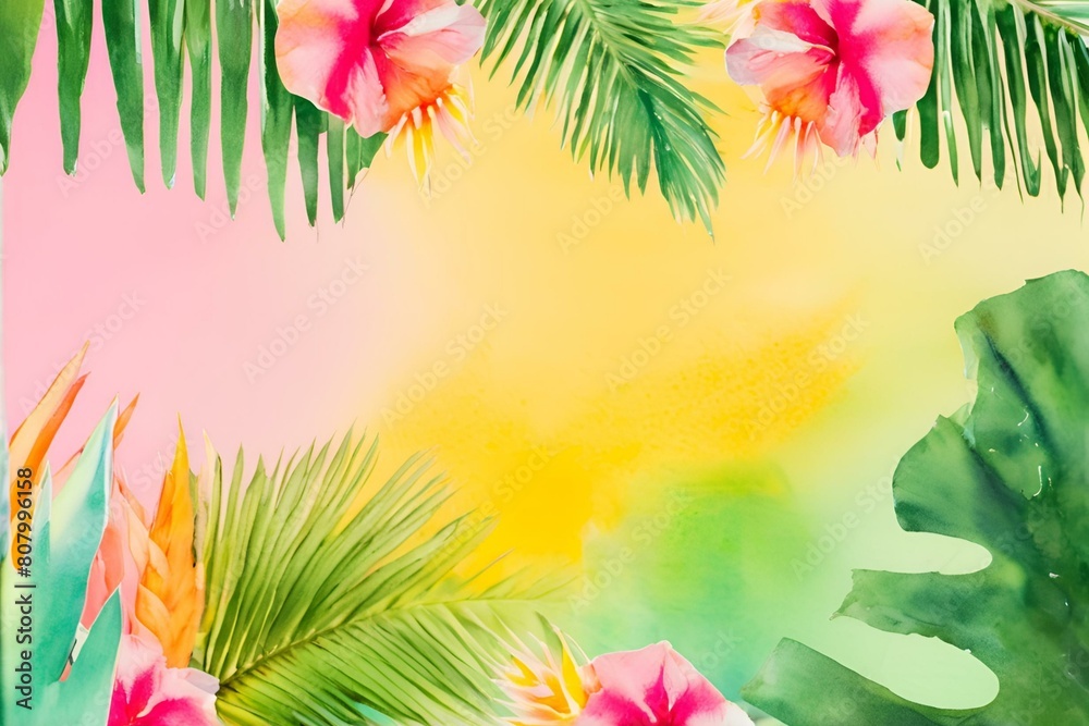 Obraz premium Watercolor palm trees and exotic flowers wallpaper with text space, watercolor palm trees and exotic flowers background with text space, vibrant hues of green, yellow, and pink