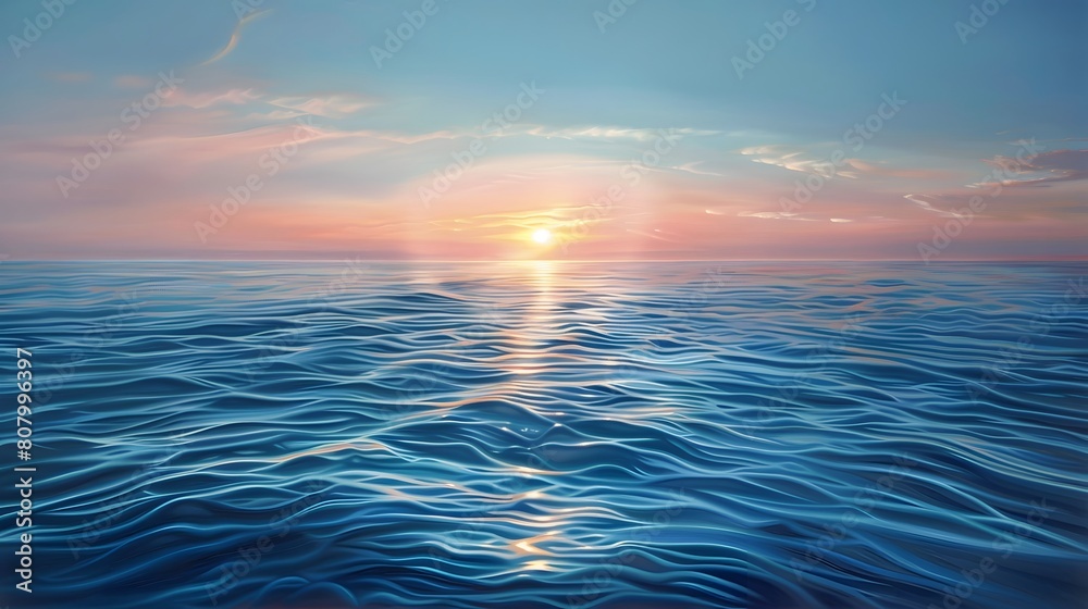 A tranquil ocean scene at sunset, with the sun setting behind and reflecting on calm waters, creating gentle ripples in its surface.