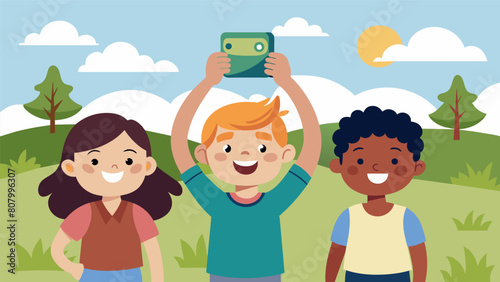 A group of kids proudly display their found geocache holding it up for a photo as they celebrate their successful adventure and the use of their. Vector illustration