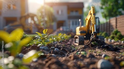 Professional Landscaping Team Preparing Construction Grounds for Erosion Control - Photo Realistic Image of Skilled Workers Grading and Planting Near Construction Site