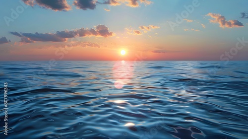 A tranquil ocean scene at sunset, with the sun setting behind and reflecting on calm waters, creating gentle ripples in its surface. photo