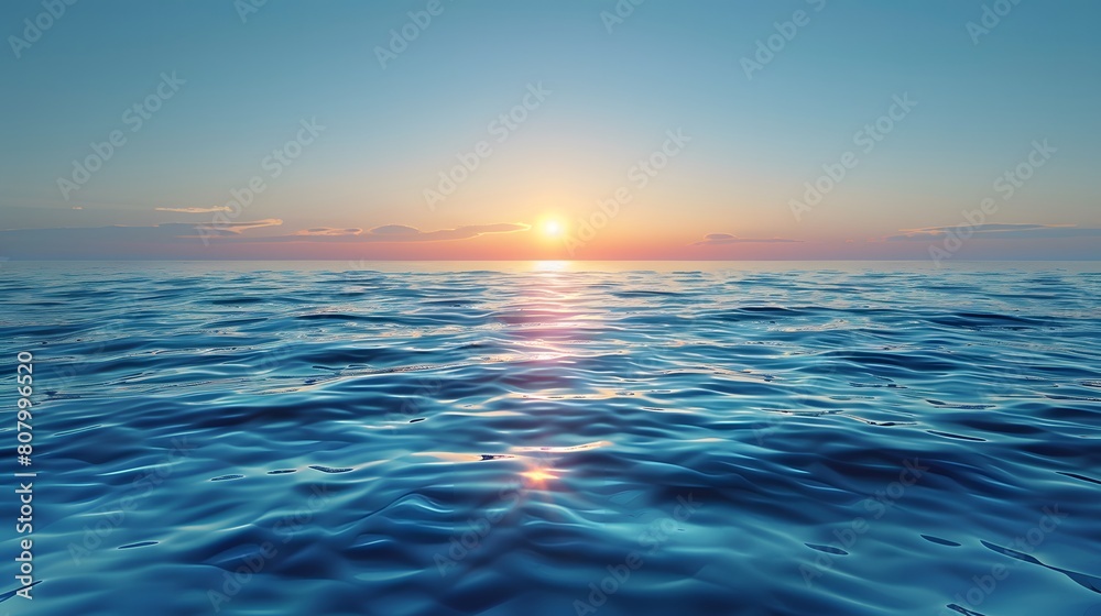 Obraz premium A tranquil ocean scene at sunset, with the sun setting behind and reflecting on calm waters, creating gentle ripples in its surface.