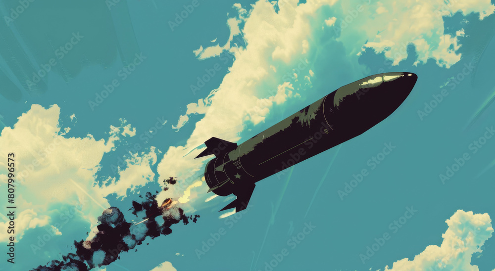 Naklejka premium Black missile soaring through the sky with smoke trail against cloudy blue backdrop