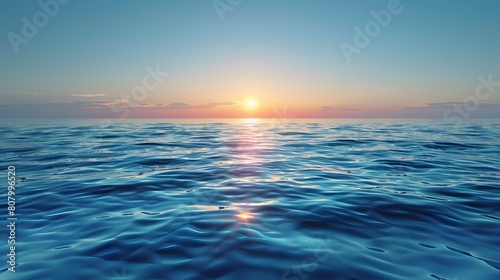 A tranquil ocean scene at sunset, with the sun setting behind and reflecting on calm waters, creating gentle ripples in its surface.