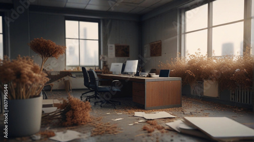 A modern office with new equipment, furniture and panoramic windows is covered in dried, rotten flowers. Emotional burnout at work photo