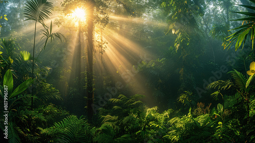 A bright sunny day in a lush green forest with sunlight shining through the trees