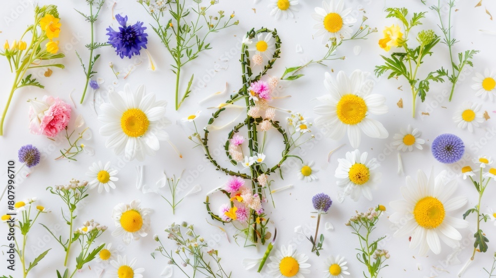 A flowery background with a musical note in the middle. The note is made of flowers and is surrounded by a variety of flowers. Concept of harmony and beauty, as the musical note