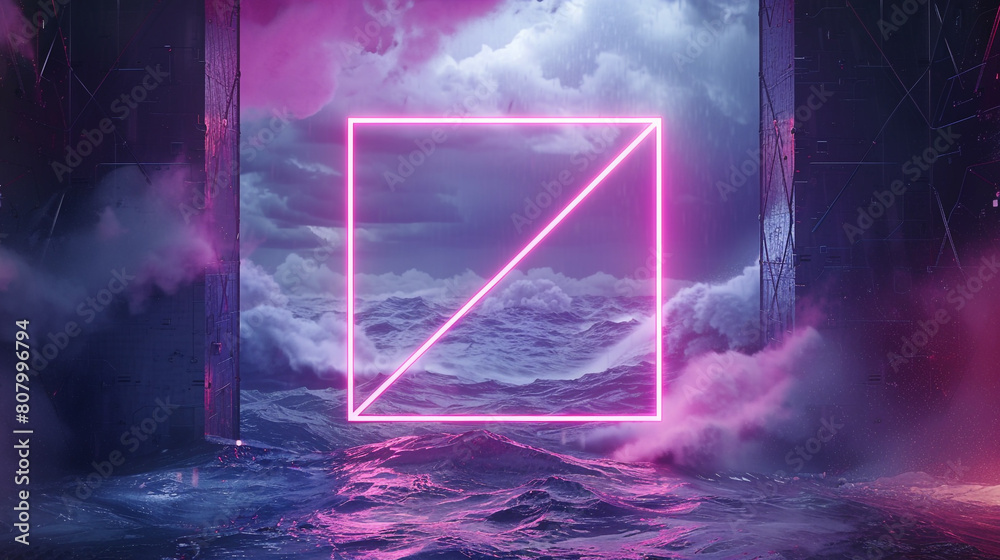 A neon magenta rhombus frame hovering in a space observatory's viewing chamber, with the storm outside contrasting the calm and focused interior,