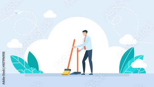 Cleaning staff character with equipment. Smiling young janitor in a suit, sweeping the floor with broom, holding dustpan, professional cleaning, home and office service. Vector Illustration