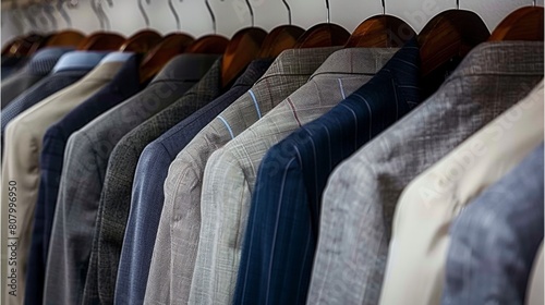 A rack of clothes with a blue jacket hanging on the left. The jacket is the only one that is not gray