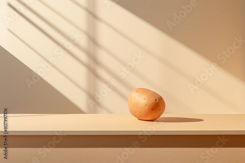Single potato on a shelf with dynamic shadow lines in a minimalistic setting