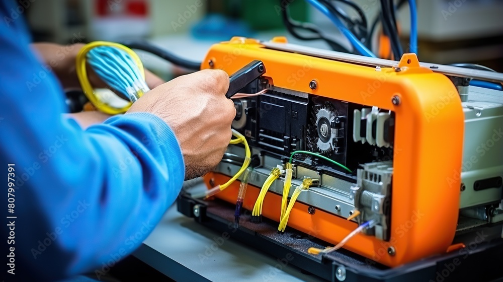 workers control electrical cables, control fiber optics. Electrical worker measures voltage and current of power lines in electrical cabinet control.
