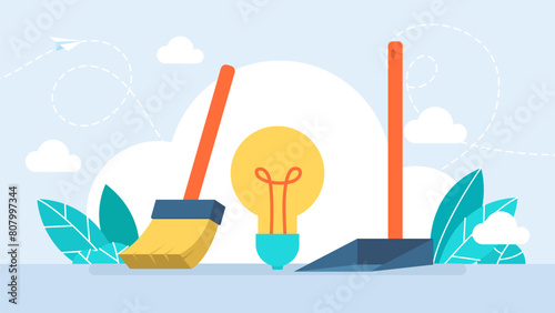 Bad idea, broom, scoop, light bulb. Wasted unworkable ideas, business failure, throw away lightbulb idea into in basket bin. Bad ideas and no inspiration. Fail, office concept. Vector illustration