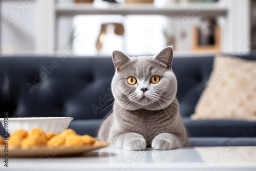 Medium shot portrait photography of a curious british shorthair cat eating while standing against cozy living room background