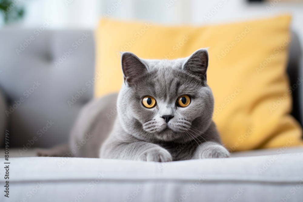 Medium shot portrait photography of a curious british shorthair cat corner rubbing while standing against cozy living room background