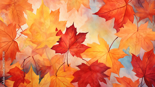 An artistic watercolor background of autumn leaves in oranges  reds  and yellows