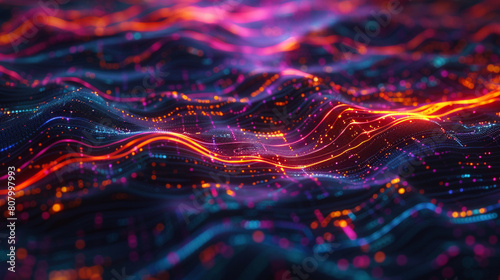 Abstract digital landscape where colorful  glowing lines interconnect at various digital nodes.