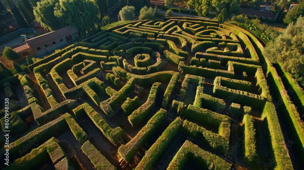 A large maze of hedges with a path leading to the exit, AI A large maze of hedges with a path leading to the exit, AI