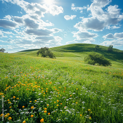 A large  grassy hillside with a bright sun shining on it