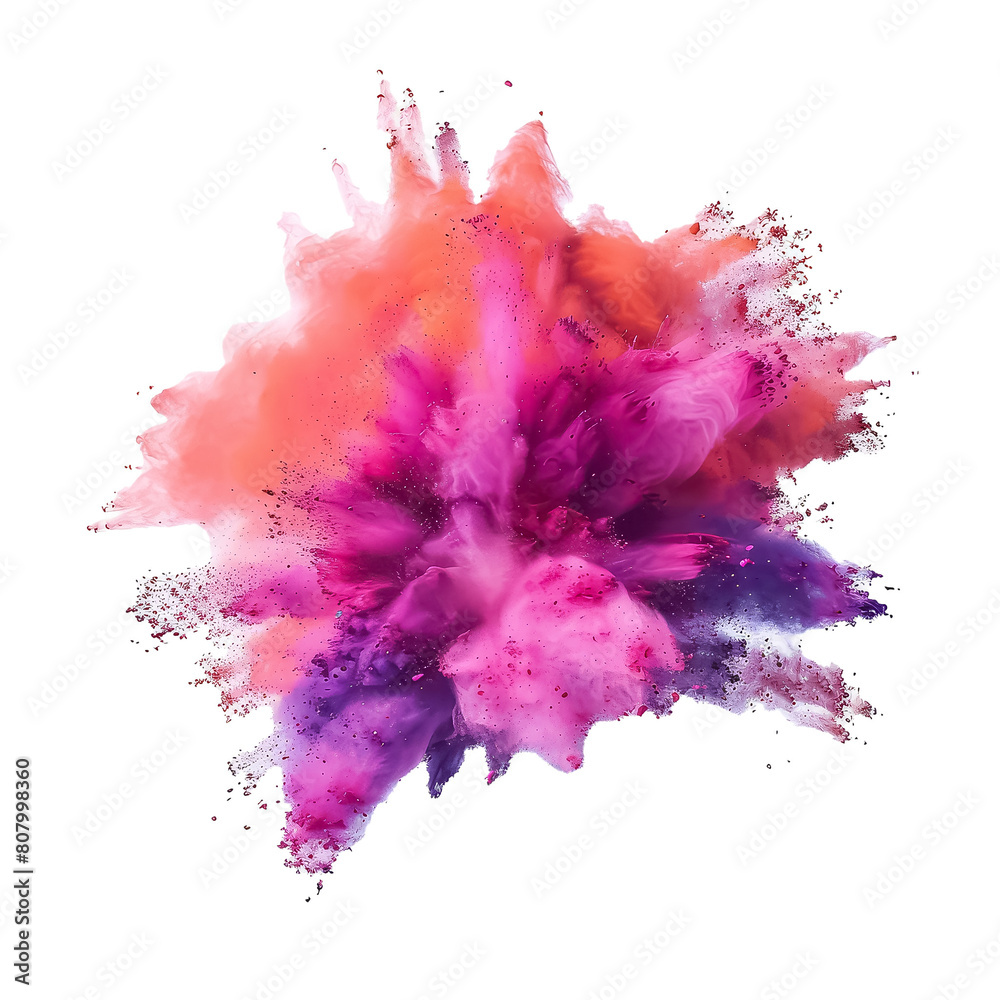 A colorful explosion of paint is depicted in the image, with a mix of pink, blue