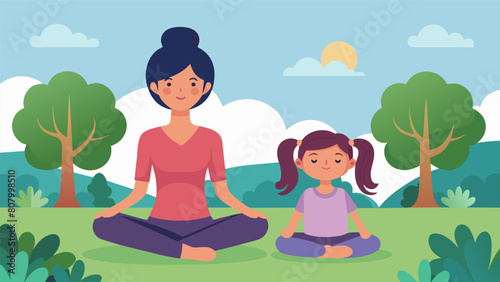 A mother and daughter sitting in a quiet park their bodies relaxed and their minds focused on the present moment as they practice mindful meditation.