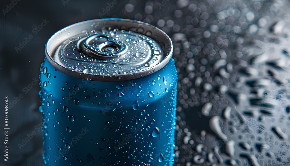 Blue can of fresh soda with water drops on dark background, closeup Blue can of fresh soda with water drops on dark background, closeup