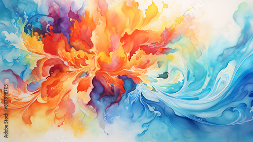 An energetic splash of vibrant watercolor hues symbolizing the chaos and beauty of a tropical storm photo