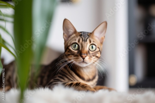 Medium shot portrait photography of a curious bengal cat scratching isolated on cozy living room background