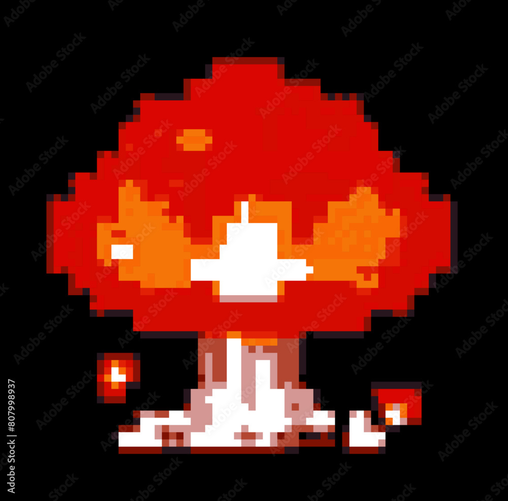 Pixel art of nuclear explosion on dark background. Vector element for 8-bit retro game. Pixel art of nuclear explosion on dark background. Vector element for 8-bit retro game.