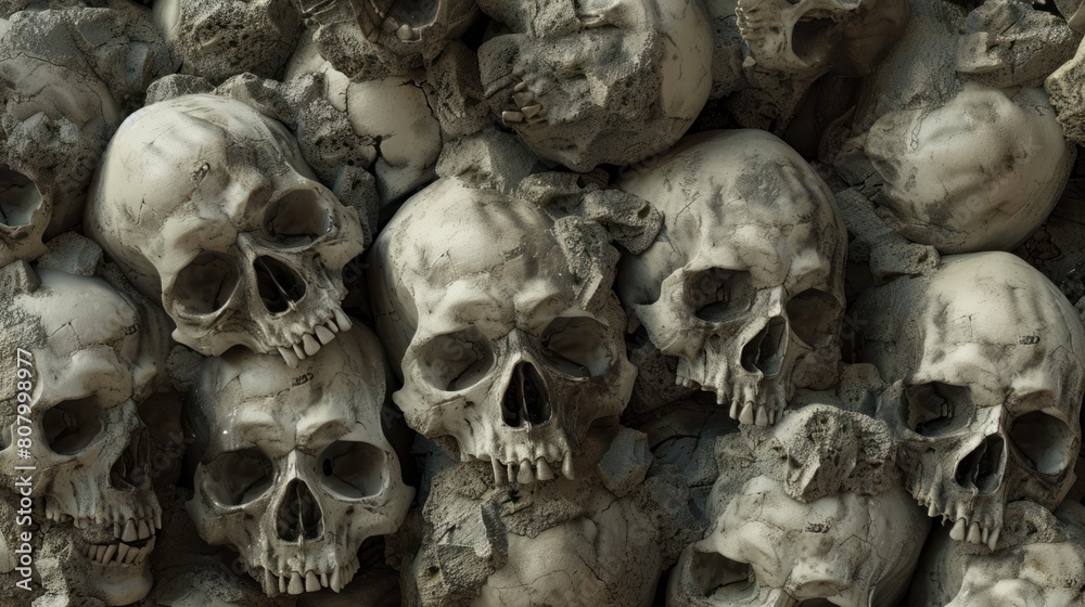 Pile of human skulls. Pile of human skulls.