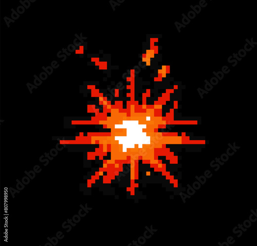 Pixel art with explosion effect on dark background. Element of 8-bit retro game.