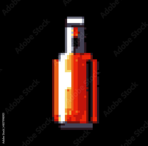 A pixelated image of a beer or a wine bottle resembling fiery things or lava. A game element in 8-bit style
