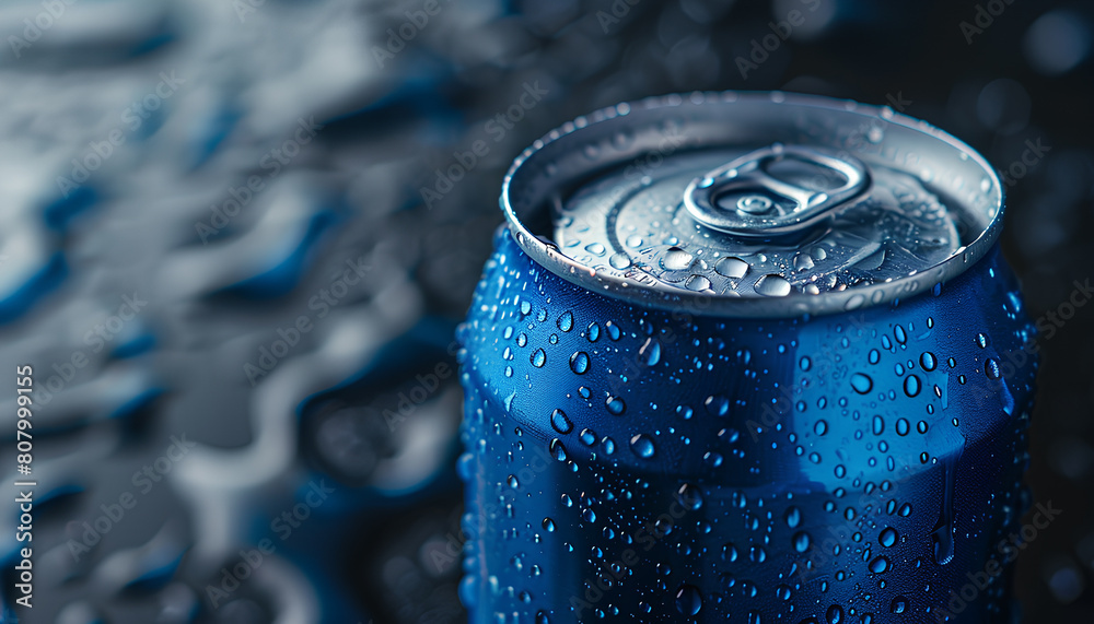 Blue can of fresh soda with water drops on dark background, closeup Blue can of fresh soda with water drops on dark background, closeup