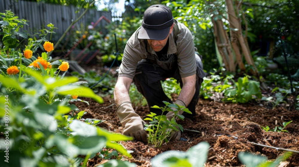 A gardener mulching around young plants to retain moisture and suppress weeds