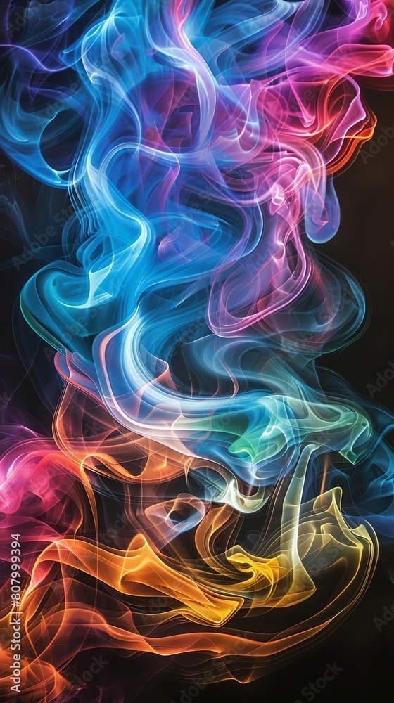 Vivid swirls of multicolored smoke on a black background, creating a dynamic and ethereal abstract painting