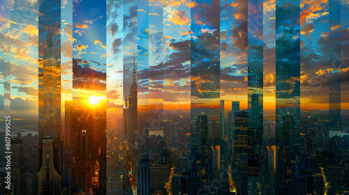 A panoramic view of a multiverse metropolis at dusk  where the skyline is a mosaic of different realities phasing in and out  illuminated by the unique hues of their respective suns setting in unison.
