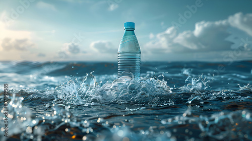 Plastic Bottle Icon Floating Among Ocean Waves, Symbolizing Urgency of Addressing Plastic Pollution in Waters