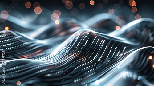 Sophisticated digital wallpaper with seamless movement of silver neon waves, highlighted by shimmering bokeh lights, ideal for a data transfer theme photo