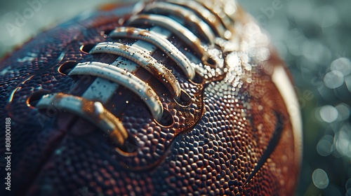A closeup of American Football Football, against Field as background, hyperrealistic sports accessory photography, copy space