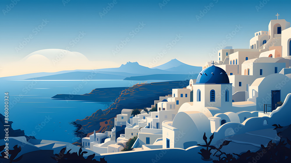 Fototapeta premium Digital santorini landscape vector art illustration abstract graphic poster web page PPT background