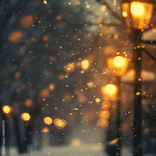 A blurry image of a snowy street with lights and snowflakes