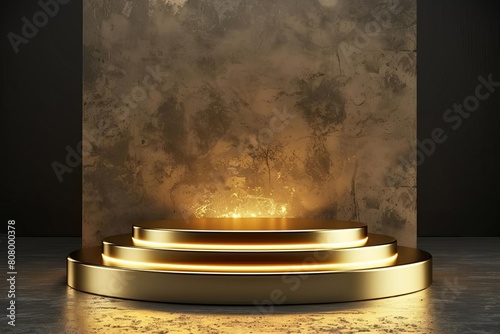 Luxurious gold light podium scene, perfect for a highend product showcase, with radiant lighting creating a focal point on the pedestal