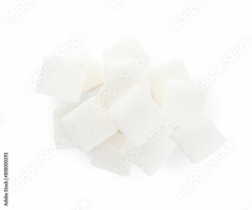 Pile of sugar cubes isolated on white, top view