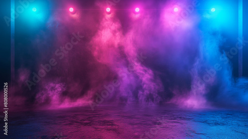 A dark room with purple and blue lights and a lot of smoke © wassana
