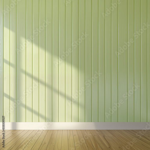 green wall with paneling, beadboard, wall texture, vertical siding, sun shining, shadow, lighting