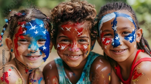 Playful Children with Vibrant American Flag Face Paint Celebrating Independence Day photo